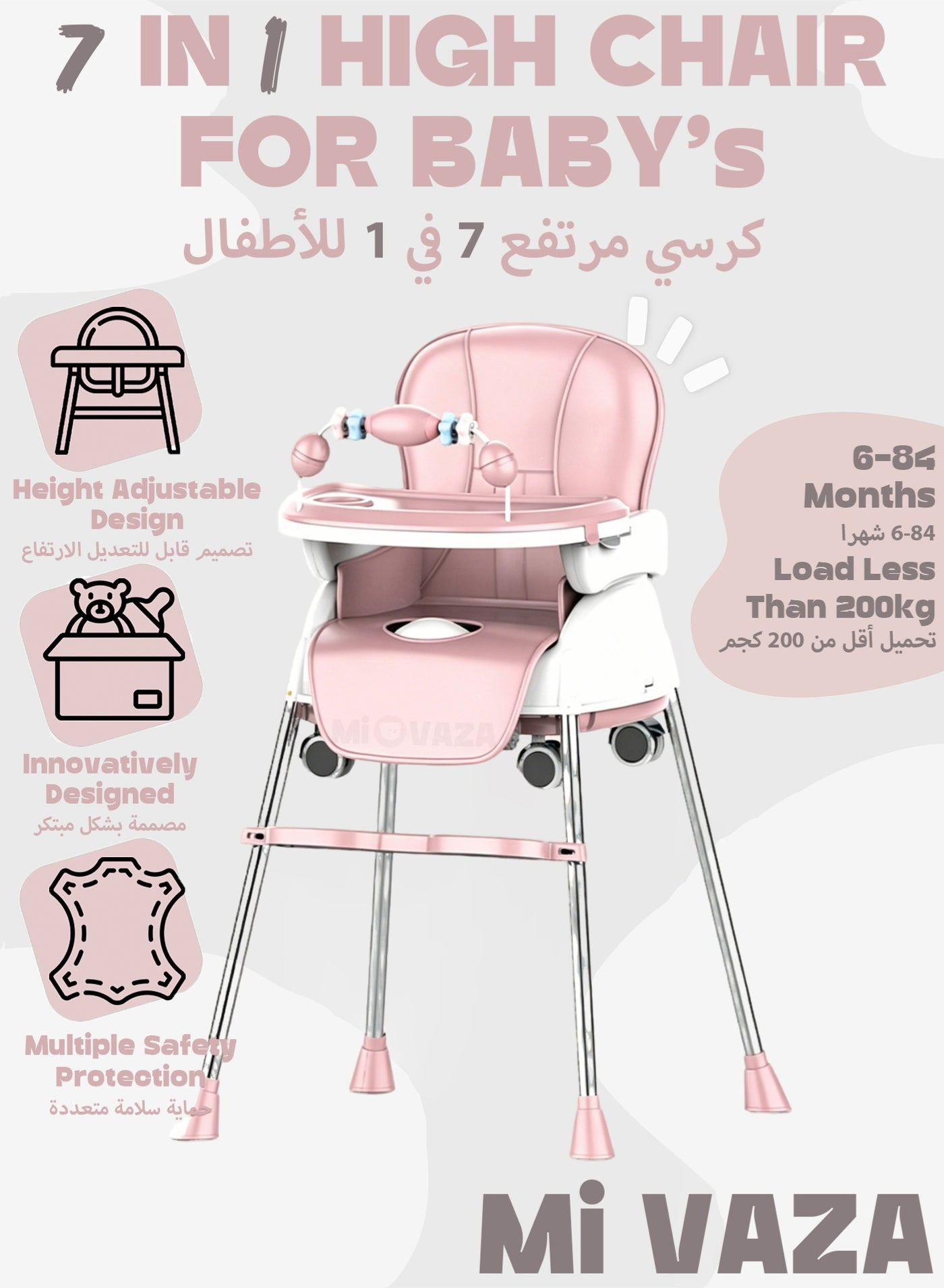 كرسي طعام متعدد الاستخدامات 7 في 1 للأطفال الرضع والأطفال الصغار، كرسي طعام قابل للتحويل، متعدد الاستخدامات، سهل التنظيف وموفر للمساحة، كرسي طعام للأطفال مزود بمسند للقدمين وصينية قابلة للتعديل للسفر - لون وردي