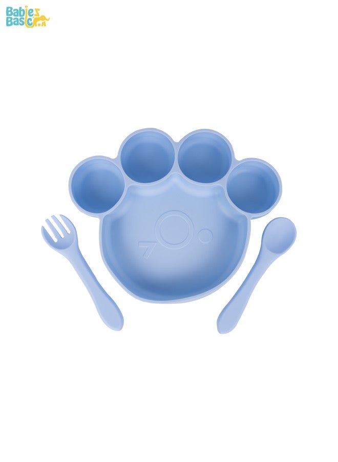 Feeding Set, 3 Piece, Silicone Set For Self Feeding, Learning & Fine Motor Skills Soft, Easy To Grip,Silicone Suction Plate With Silicone Spoon And Fork- Blue