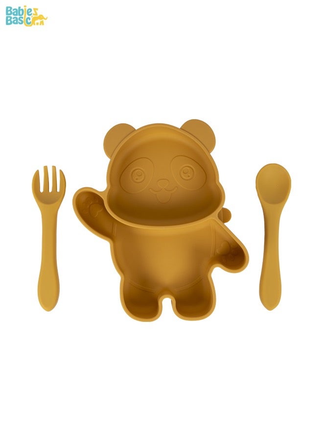 Feeding Set, 3 Piece, Silicone Set For Self Feeding, Learning & Fine Motor Skills Soft, Easy To Grip,Silicone Suction Plate With Silicone Spoon And Fork- Yellow