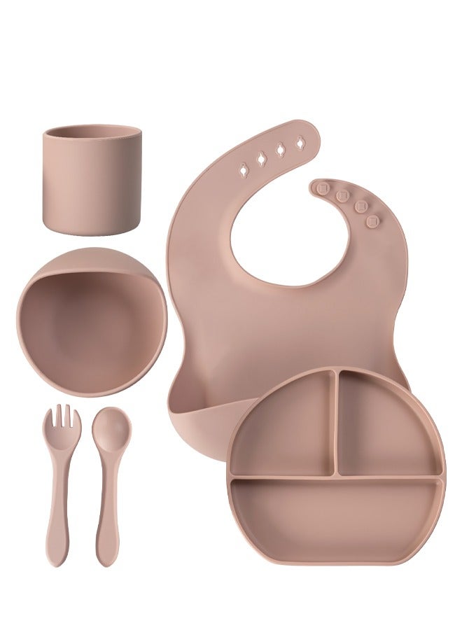 6 Piece Silicone Baby Feeding Set Tableware Kit With Adjustable Feeding Bib/ Cup/ Spoon Pink