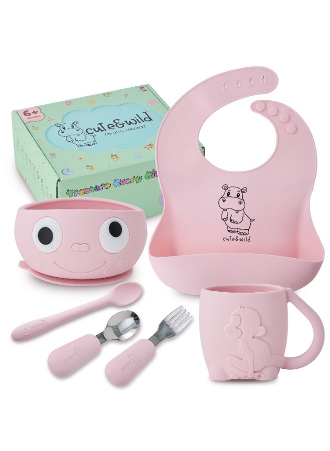 Silicone Baby Feeding Set with Gift Box, Feeding Bowl, Bib, Cup, Spoon, Fork in Baby Food Eating Set, BPA Free Baby Led Weaning Set, 6M+, 6 Pcs, Blush Color