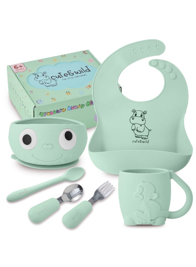 Silicone Baby Feeding Set with Gift Box, Feeding Bowl, Bib, Cup, Spoon, Fork in Baby Food Eating Set, BPA Free Baby Led Weaning Set, 6M+, 6 Pcs, Mint Color