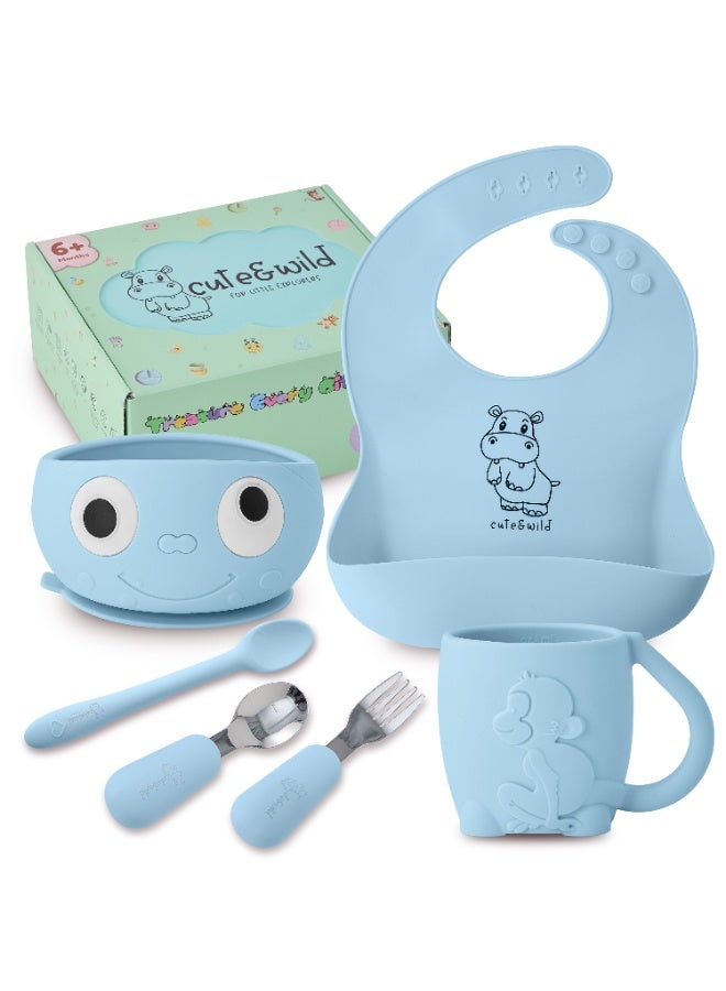 Silicone Baby Feeding Set with Gift Box, Feeding Bowl, Bib, Cup, Spoon, Fork in Baby Food Eating Set, BPA Free Baby Led Weaning Set, 6M+, 6 Pcs, Sky Color