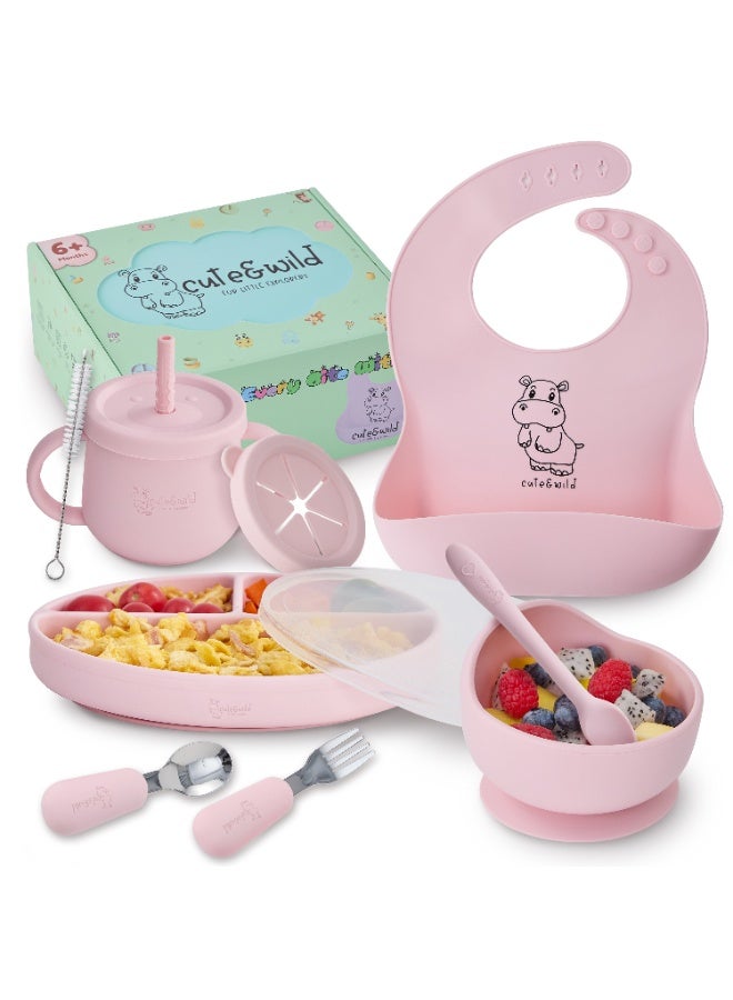 Silicone Baby Feeding Set with Gift Box, Suction Plate, Feeding Bowl, Bib, Sippy Cup, Spoon, Fork in Baby Food Eating Set, BPA Free Baby Led Wearning Set, 6M+, 10 Pcs, Blush