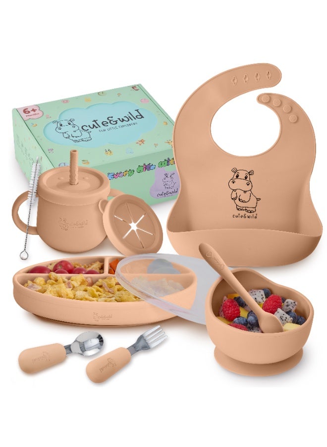 Silicone Baby Feeding Set with Gift Box, Suction Plate, Feeding Bowl, Bib, Sippy Cup, Spoon, Fork in Baby Food Eating Set, BPA Free Baby Led Wearning Set, 6M+, 10 Pcs, Caramel