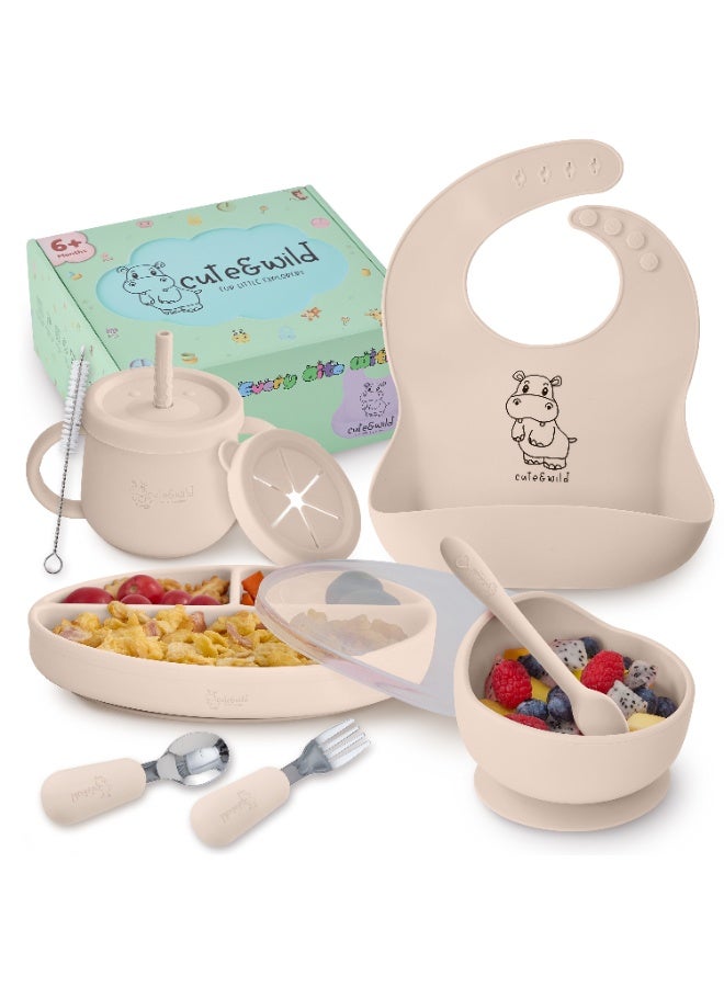 Silicone Baby Feeding Set with Gift Box, Suction Plate, Feeding Bowl, Bib, Sippy Cup, Spoon, Fork in Baby Food Eating Set, BPA Free Baby Led Wearning Set, 6M+, 10 Pcs, Sand Color