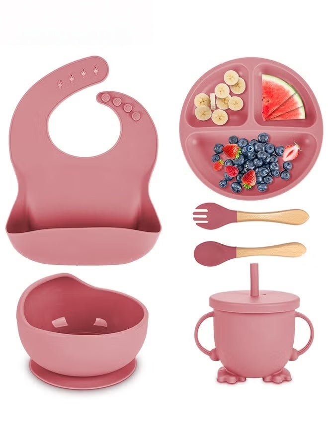 Silicone Feeding Meal Set,Set Of 5 Baby Led Weaning Supplies,Silicone Suction Bowls Divided Plates And Sippy,Toddler Self Feeding Eating Utensils Set With Bib,Spoons,Fork