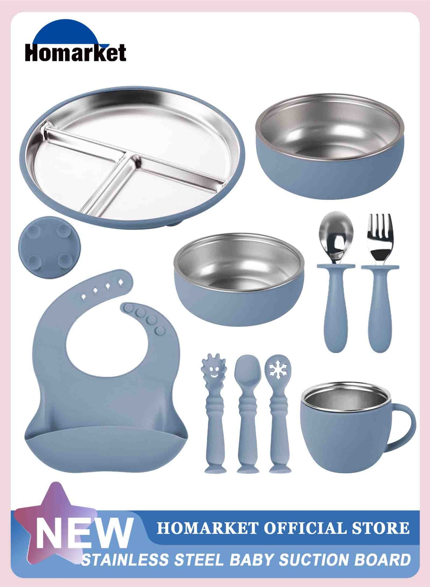 10 Pcs 304 Stainless Steel Kids Plates and Bowls Set Stainless Steel Suction Bowls and Toddler Cup with Removable Silicone, Forks Spoons Pocket Bib for Baby Toddle(Blue)