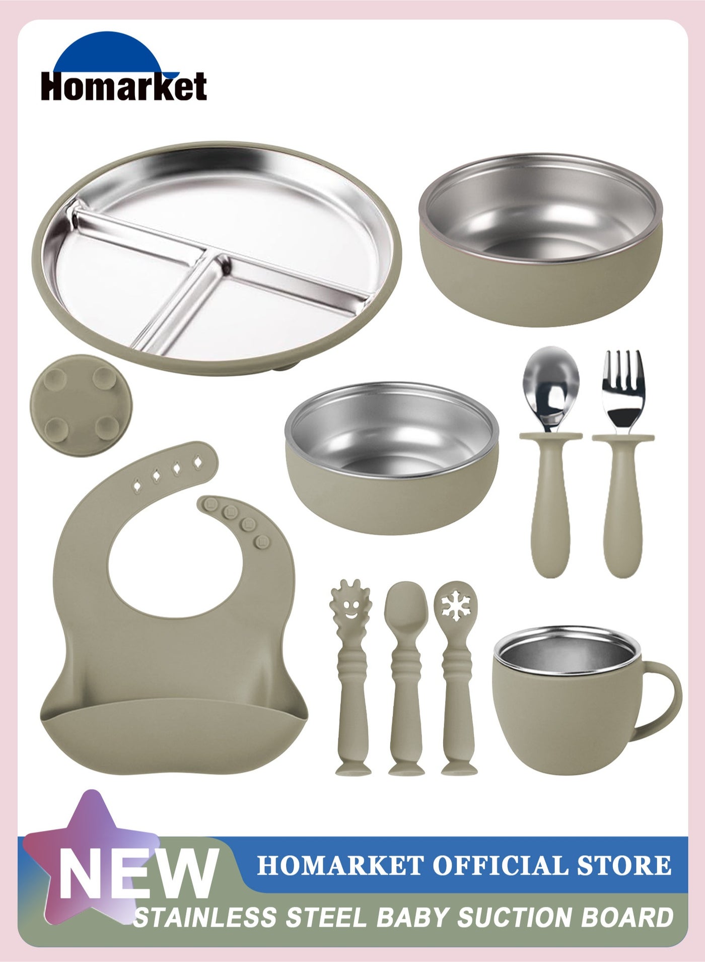 10 Pcs 304 Stainless Steel Kids Plates and Bowls Set Stainless Steel Suction Bowls and Toddler Cup with Removable Silicone, Forks Spoons Pocket Bib for Baby Toddle(Green)
