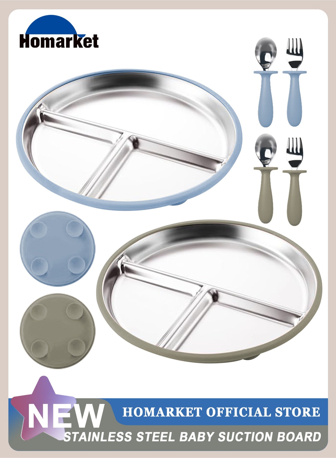 2 Pack Stainless Steel Baby Suction Plates & 2 Pack Spoons and Forks Set, Toddler Utensils Baby Feeding Set, Divided Plates for Baby Led Weaning Supplies, BPA-Free (Blue/Walnut)