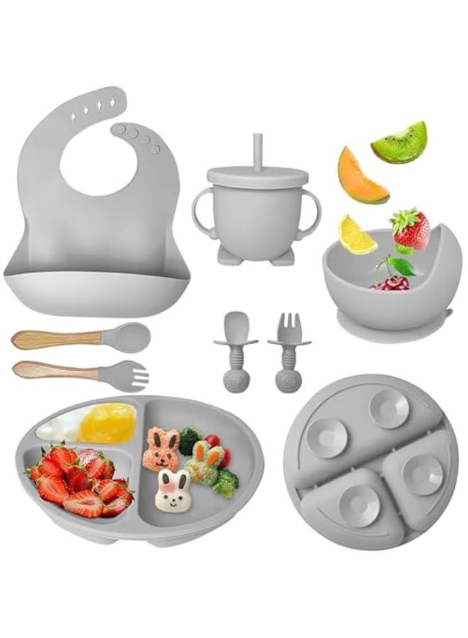Toriseek Silicone Baby Feeding Set Of 8, Baby Led Weaning Supplies with Suction Bowl Divided Plate, Toddler Self Feeding Dish Set with Spoons Forks Sippy Cup Adjustable Bib (Grey)