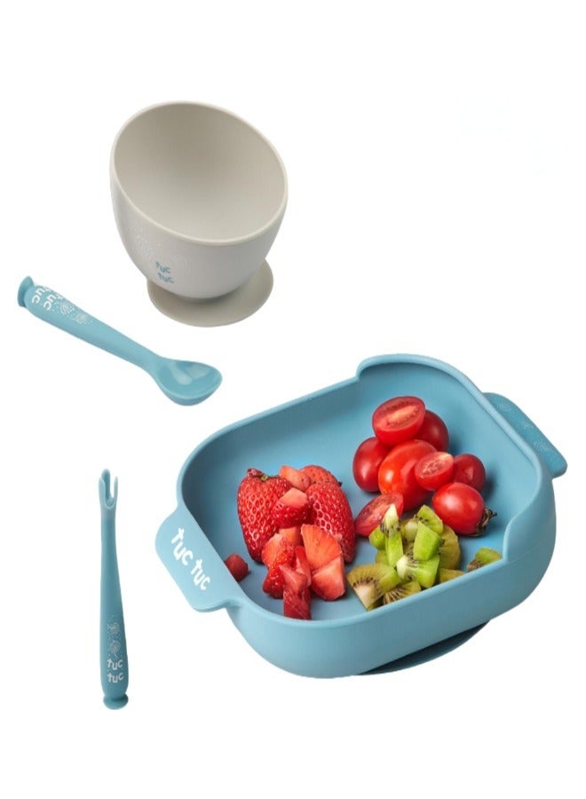 Twisoo Suction Baby Plate and Bowl Set with Fork and Spoon, BPA-Free Silicone, Dishwasher & Microwave Safe, Blue