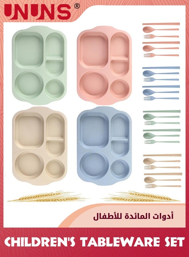 4 Pack Unbreakable Divided Plates,5-Compartment Wheat Straw Tray Divided Food Plates Lunch Trays Section Plates For kids Adults,Microwave Dishwasher Safe, BPA Free