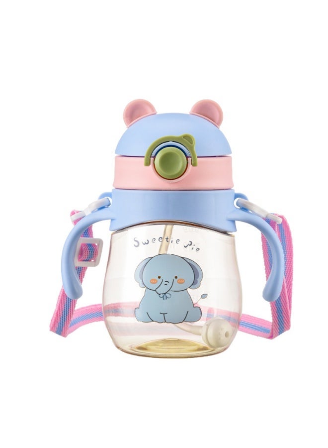 Baby Learning Drinking Cup, Young Children's Straw Cup, 1-year-old Milk Drinking Cup, with Handle and Back Rope (Cute Elephant-300ml)