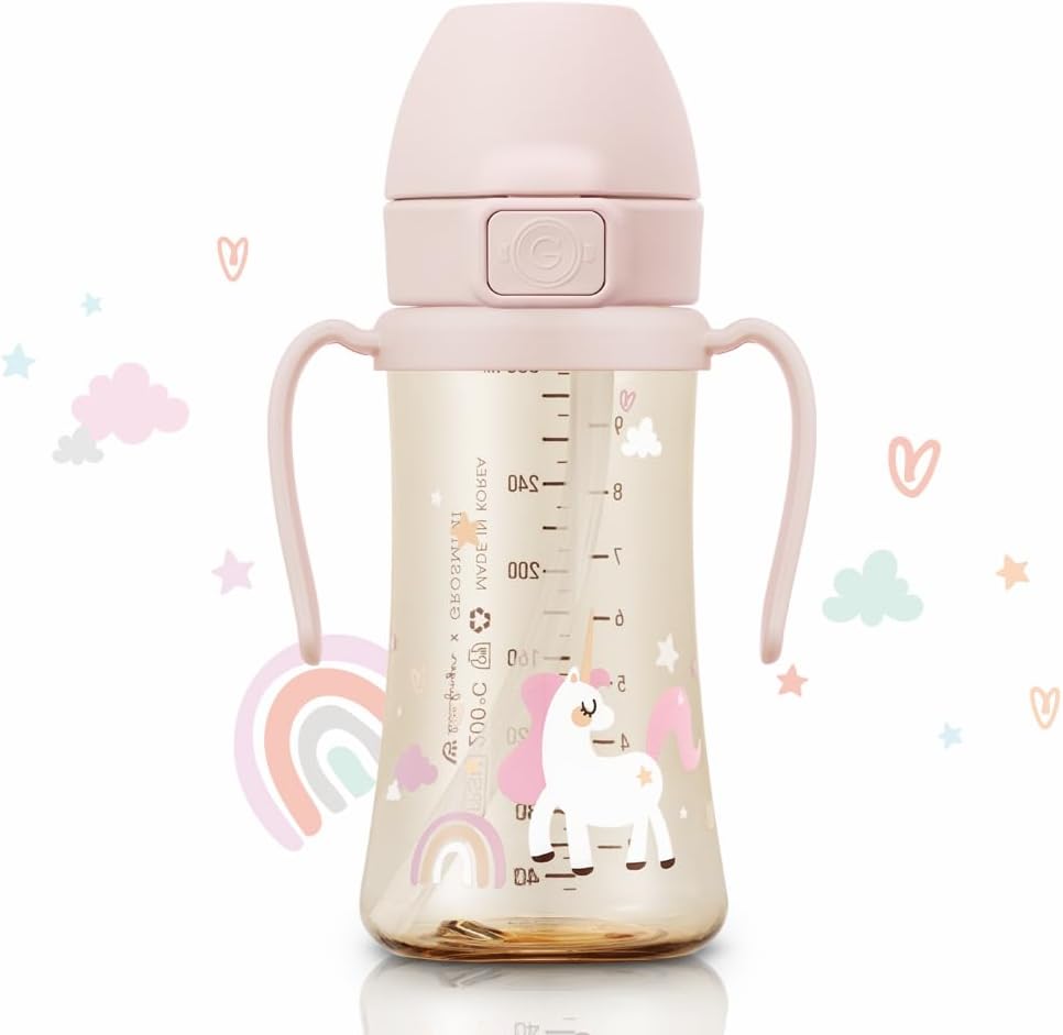 GROSMIMI Flip Top Spill Proof Sippy Cup with Stage 2 Straw for Toddlers, Customizable, PPSU, BPA Free 10 oz (Unicorn)