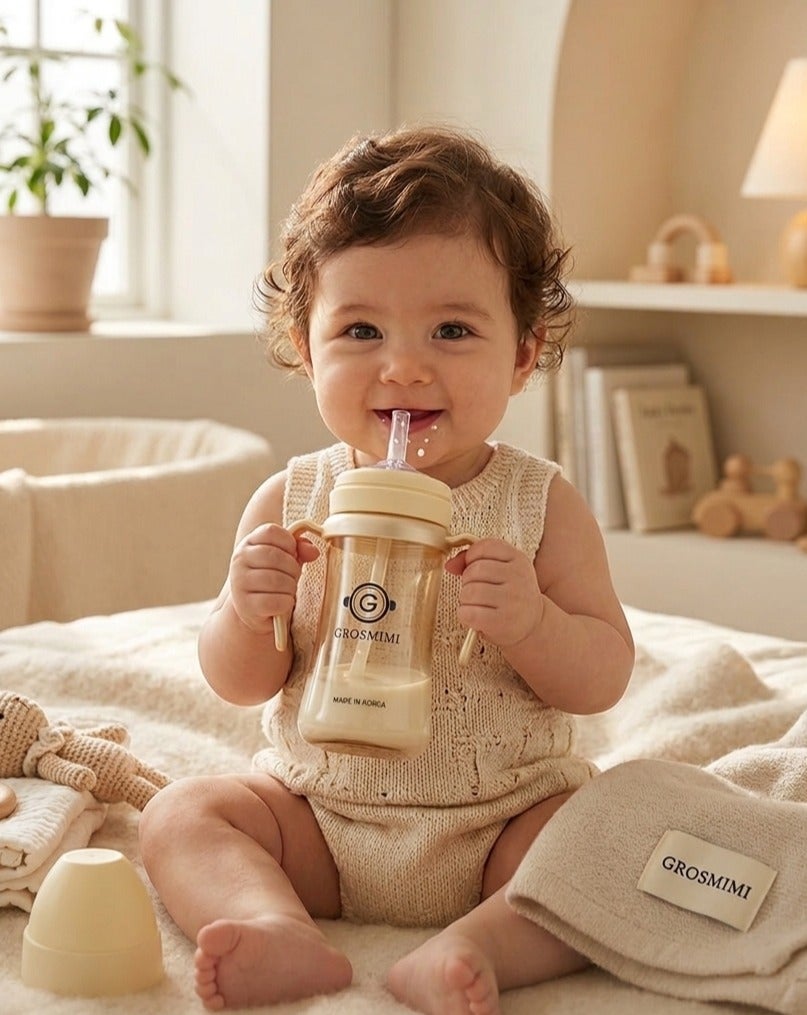 GROSMIMI Spill Proof no Spill Magic Sippy Cup with Straw with Handle for Baby and Toddlers, Customizable, PPSU, BPA Free 10 oz (Butter)