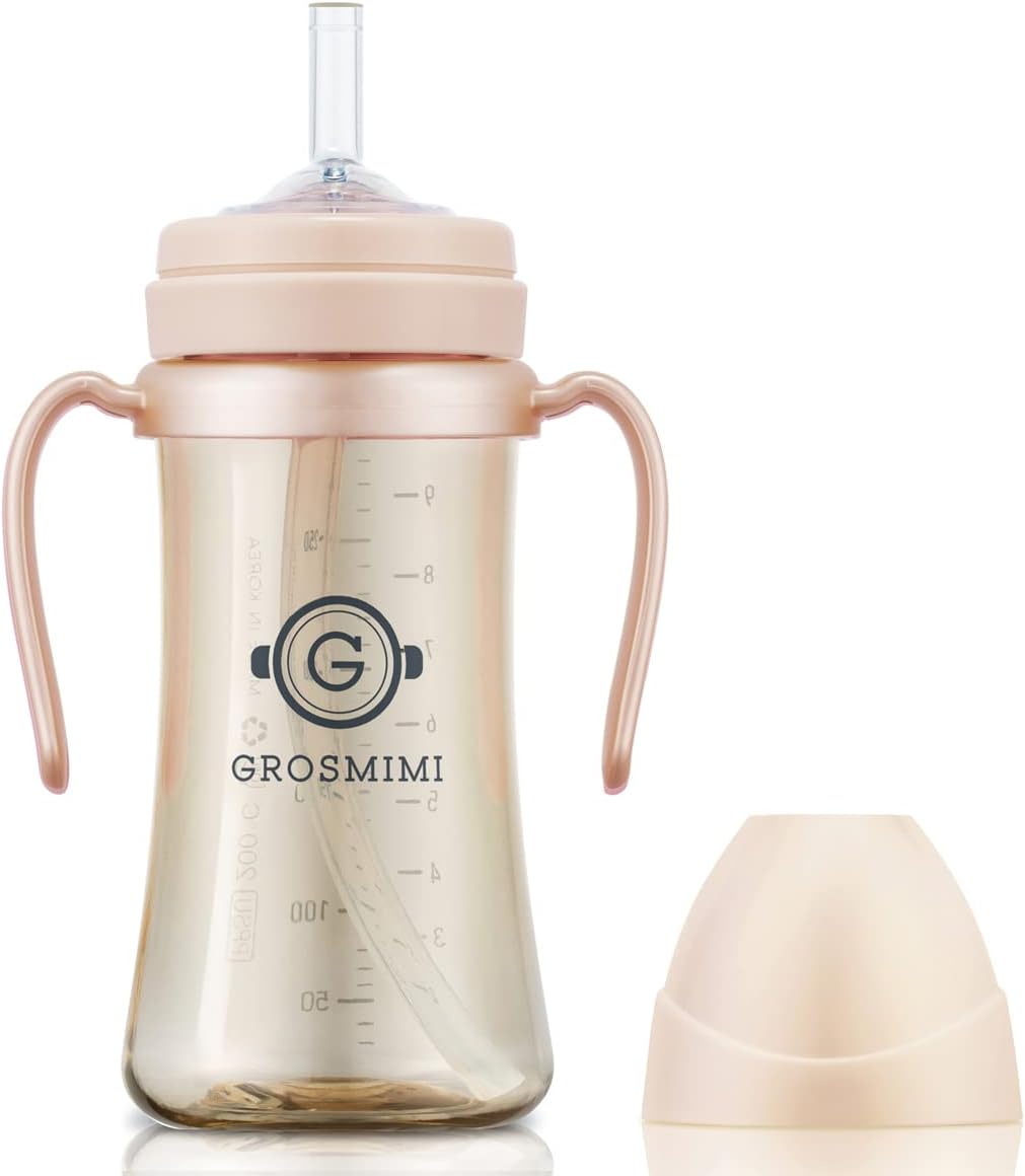 GROSMIMI Spill Proof no Spill Magic Sippy Cup with Straw with Handle for Baby and Toddlers, Customizable, PPSU, BPA Free 10 oz (Peach)