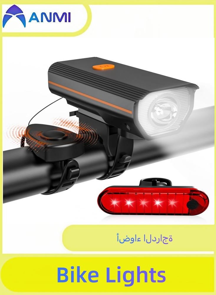 Rechargeable Bike Lights With Electric Horn, Bicycle Lights For Night Riding, Road Mountain Bike Accessories For Kids Adults - Bike Headlight With Horn And Tail Light