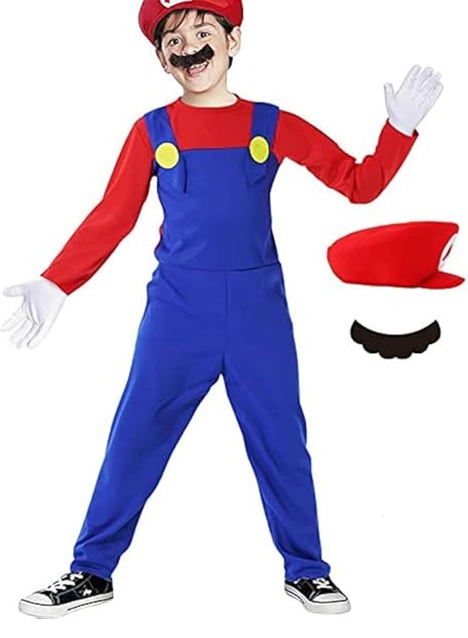 Super Brother Costume for Kids-Mario Costume Halloween Kids Cosplay Jumpsuit with Accessory