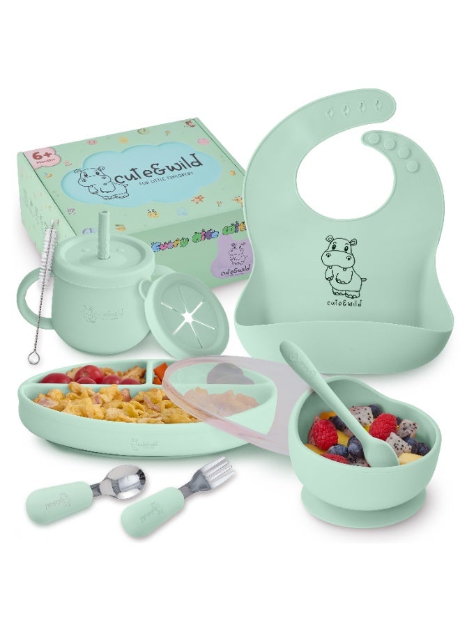 Silicone Baby Feeding Set with Gift Box, Suction Plate, Feeding Bowl, Bib, Sippy Cup, Spoon, Fork in Baby Food Eating Set, BPA Free Baby Led Wearning Set, 6M+, 10 Pcs, Mint