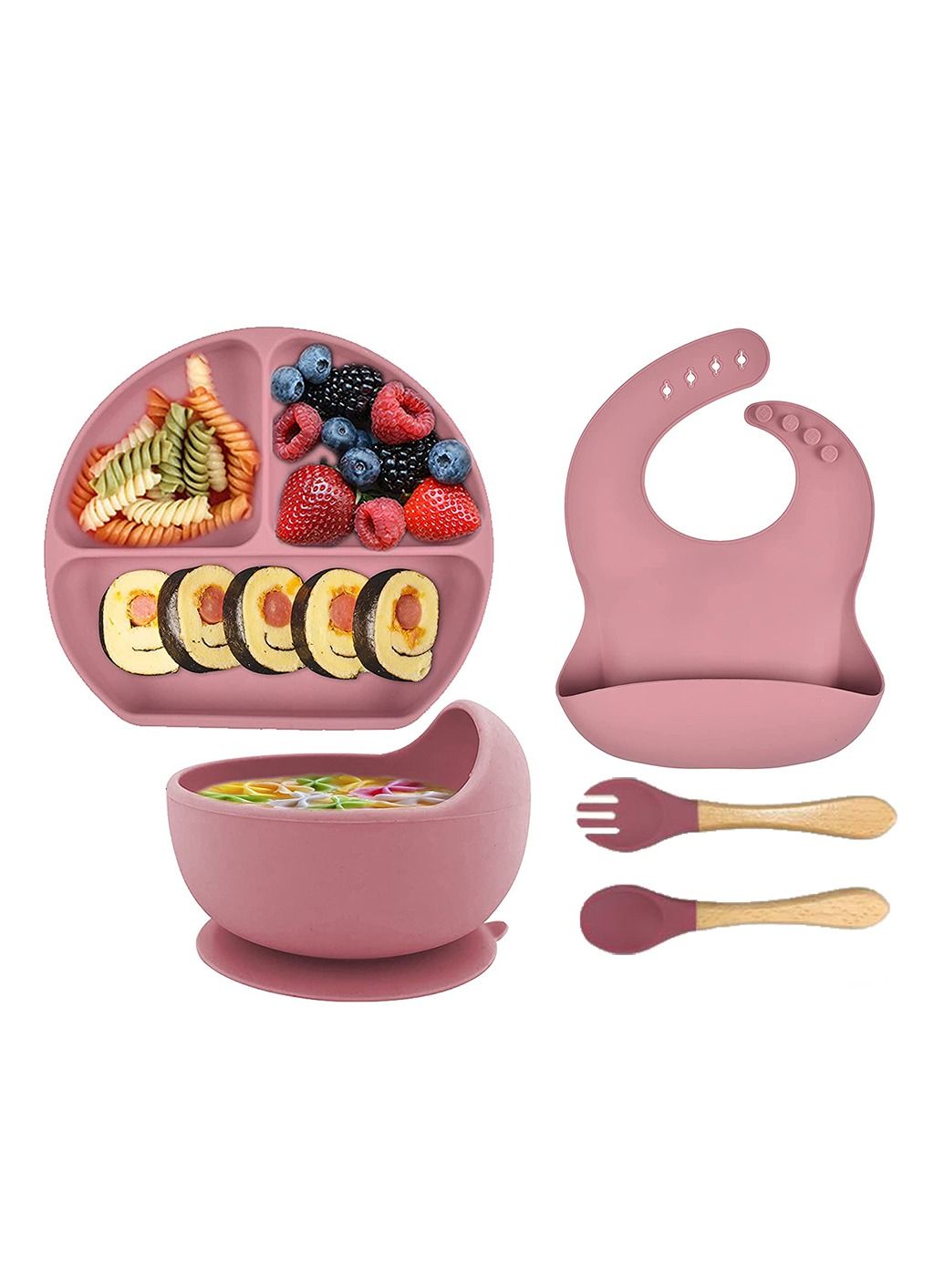 Silicone Baby Feeding Set, Toddler Divider Plate & Bowl with Suction, BPA Free Baby Tableware Set with Adjustable Soft Silicone Bib & Utensils Baby Tableware Set