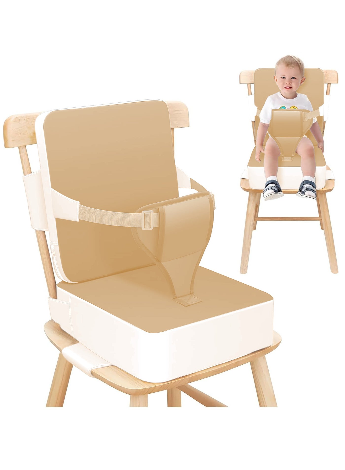 Foldable Toddler Booster Seat, 10cm Pu Non-Slip Baby Booster Seat, Portable Travel High Chair Boosterst, Universal Toddler Seat Cushion for Dining Table with Backrest and Adjustable Straps