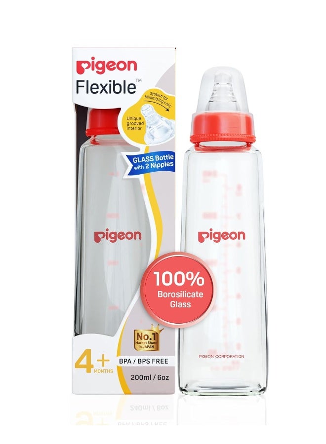 Flexible Glass Nursing/Feeding Bottle With Added Nipple M, For 4+ Month Babies, Borosilicate Nursing/Feeding Bottle for Babies, BPA Free, BPS Free, Red, 200 ml