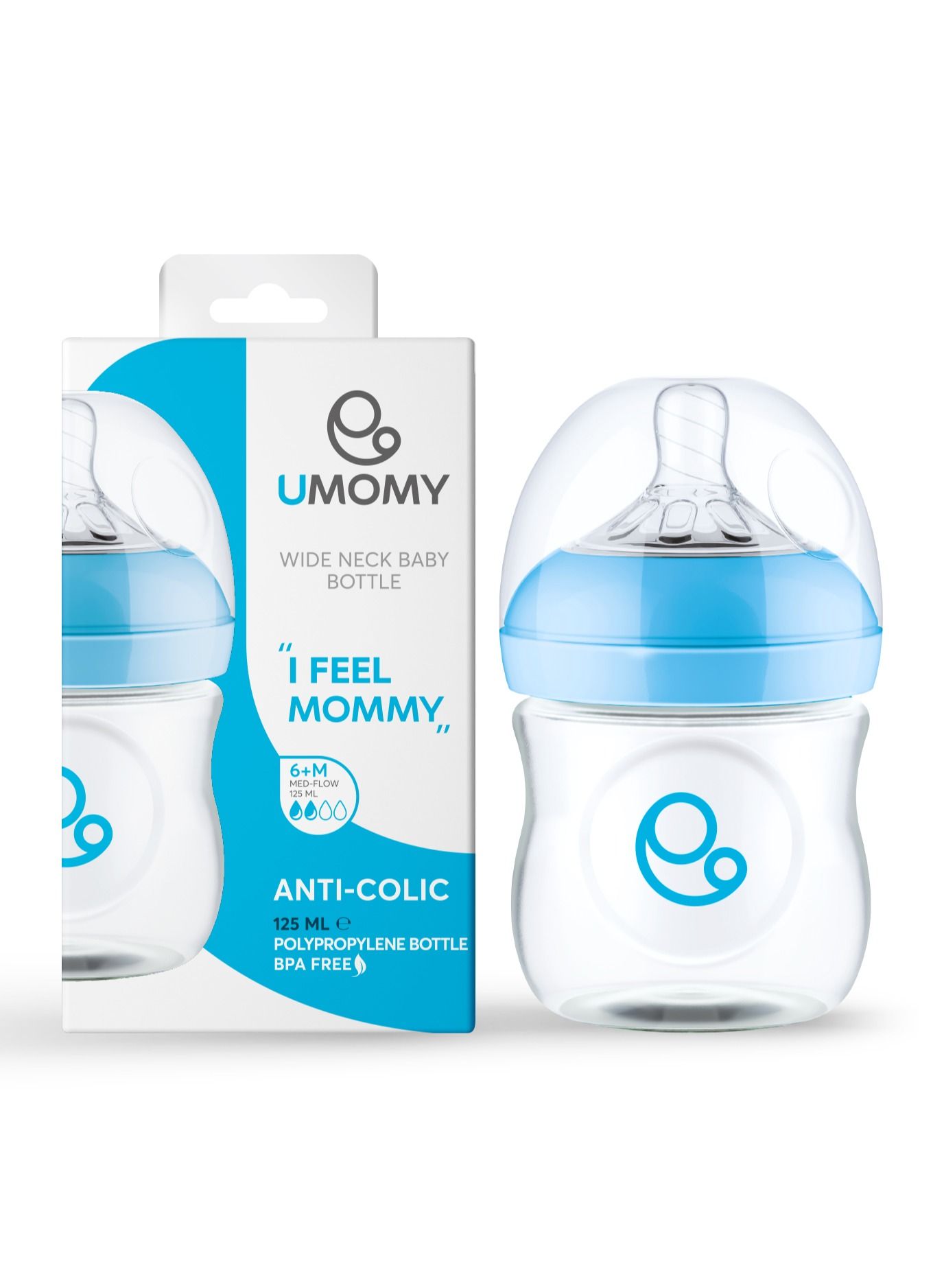 6M Baby Bottles for Newborn, PP Anti-Colic Infant Bottles, Silicone Rubber Teat, Wide Neck Breast-Like Nipple, BPA Free Medium Flow, Blue, 125ml