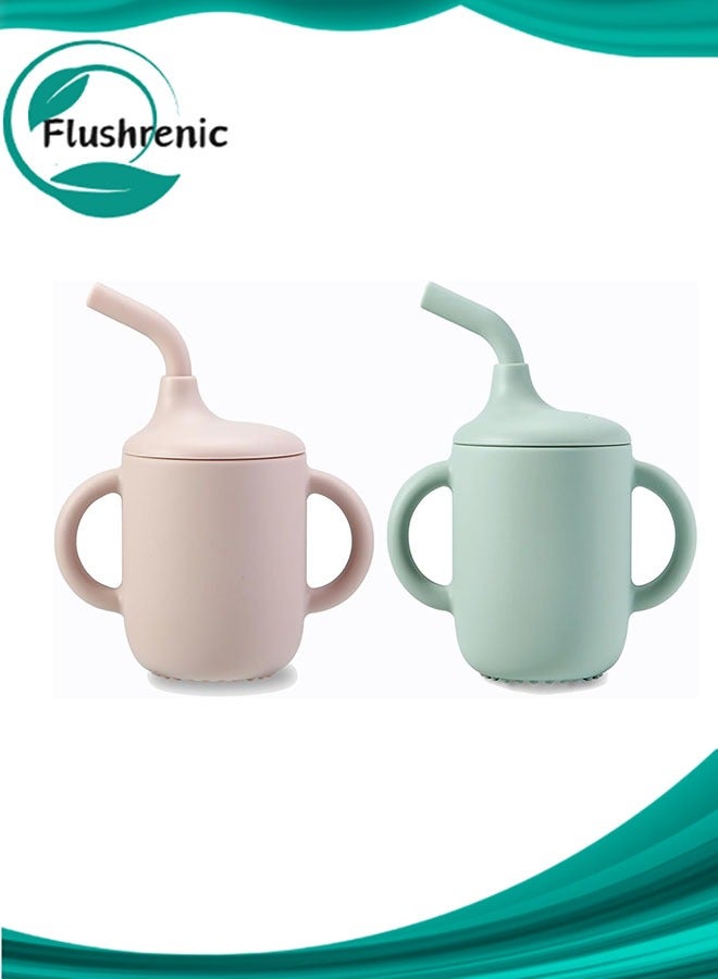 2 Pack 100% Silicone Baby Straw Cups, Toddler Sippy Cup for Babies 6-12-18 Months, Spill Proof Tiny Drinking Training Cup with Handles & Straw for Baby and Toddler (Pink Green)