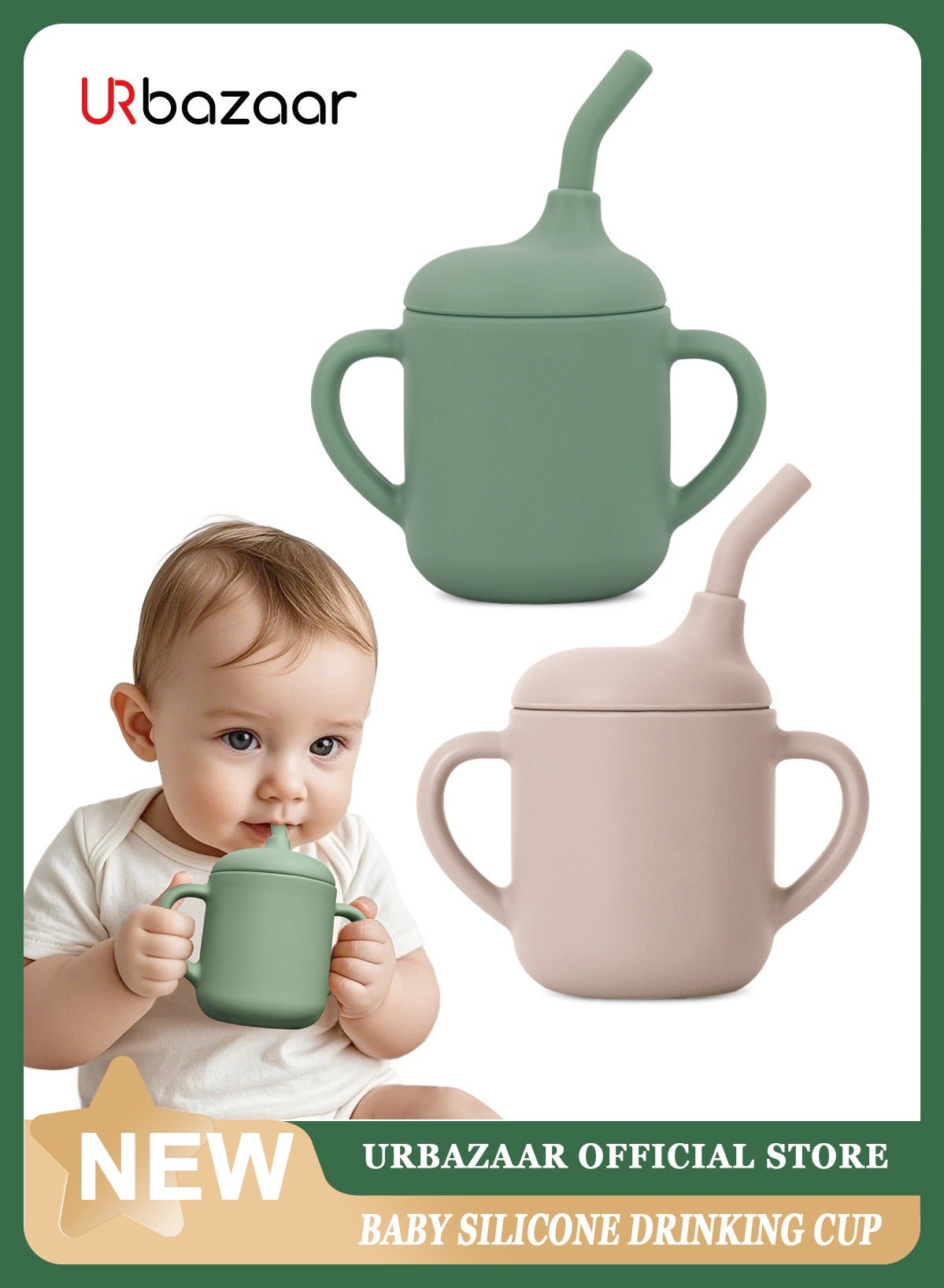 2 Pack Baby Training Cup, Shatterproof Toddler Sippy Cups with Straw, Open Cup for Baby, 6+ Months 100% Silicone 180ml