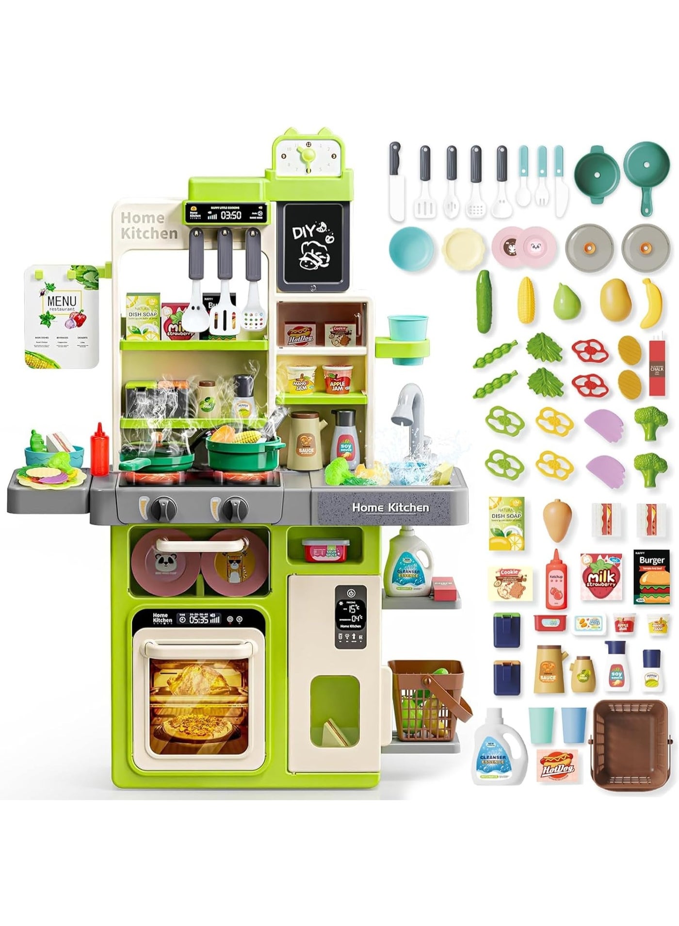 Kids Kitchen Playset 63PCS, Pretend Play Kitchen with Sounds and Lights, Cooking Stove Steam, Play Sink and Food, Toy Kitchen Set for Kids ages 3-8, Green