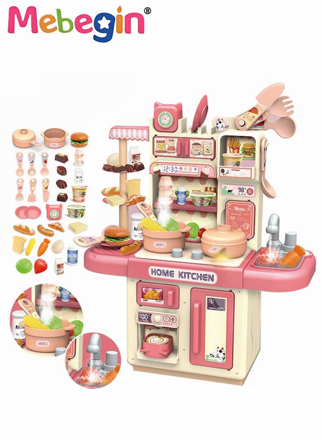 34 Pcs Kitchen Pretend Play Toy Set, Role Play Cookware Indoor DIY Toy Games, Kitchen Accessories Toys Sets With Spray And Light for Boys, Girls, Kids, Children, Pink