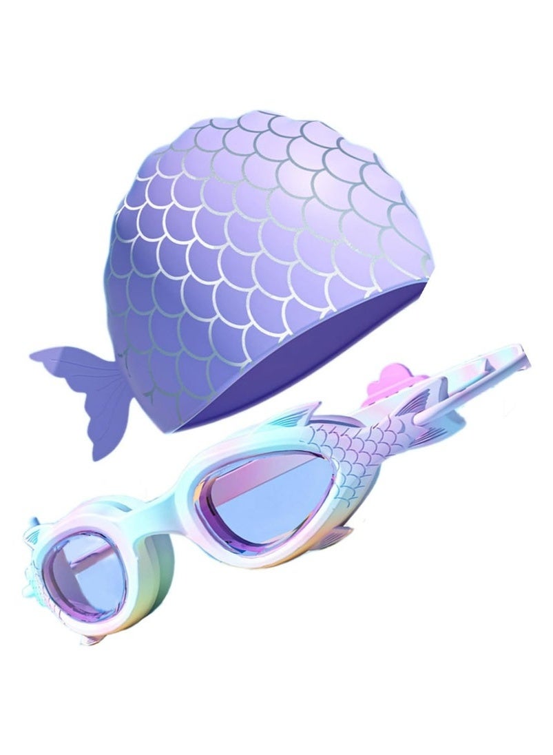 Kids Waterproof Swim Cap with Goggles Set, Cartoon Design Cloth Bathing Cap for Boys Girls Age 3-12