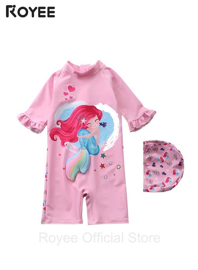 Children's Mermaid Swimsuit， Long sleeved One Piece Sun Proof kids Swimwear With Swim Cap For Height 70-120cm Girls