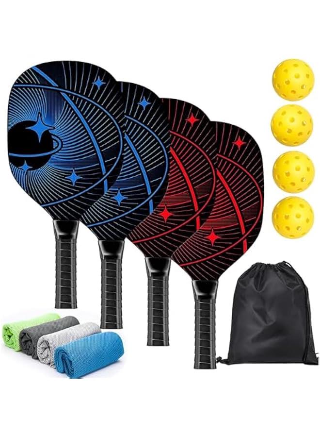 Pickleball Paddles Set with 4 Premium Wood Pickleball Paddles,4 Cooling Towels,4 Pickleball Balls and Carry Bag,Pickleball Paddle with Cushion Comfort Grip,Gifts for Beginners & Pros Players