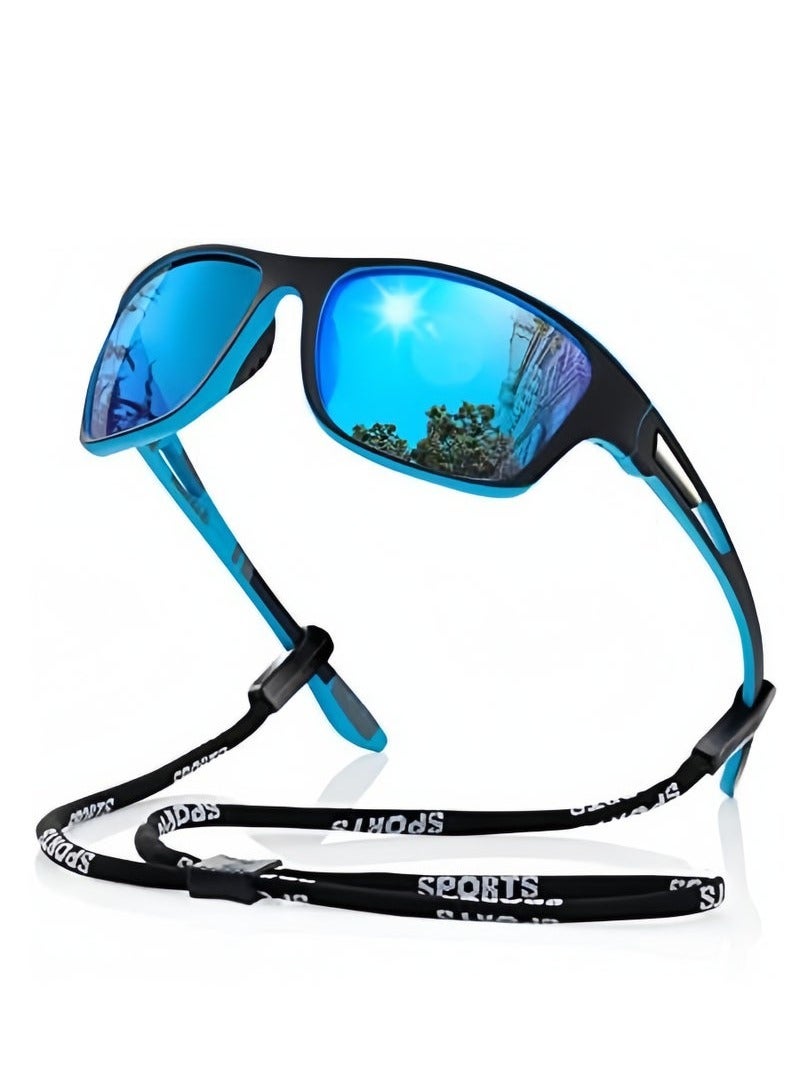 Sports Sunglasses Polarized Lenses, Cycling Sunglasses, Durable Ultra Light Cycling Glasses with Lanyard Case Glasses Case, Outdoor Sports Polarized Glasses, Windproof Sunglasses Blue/Black