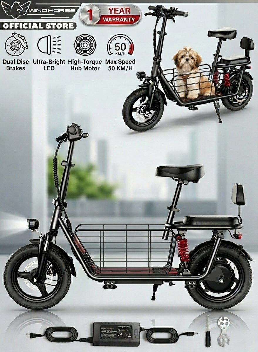 Electric Bike 500W Motor (Peak Power 850W) with Dual Seat, 48V10Ah Battery, 50KM/H Speed, 40KM Range, Dual Suspension and Storage Basket, E-Bike with Helmet and Safety Vest