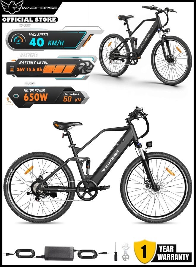 Electric Bike 650W Motor, 36V 15.6Ah Removable Battery, 40KM/H Top Speed, 60-80KM Range, 27.5 Inches Tires, Shimano 7-Speed E-Bike with LCD Display, Carbon Alloy Frame