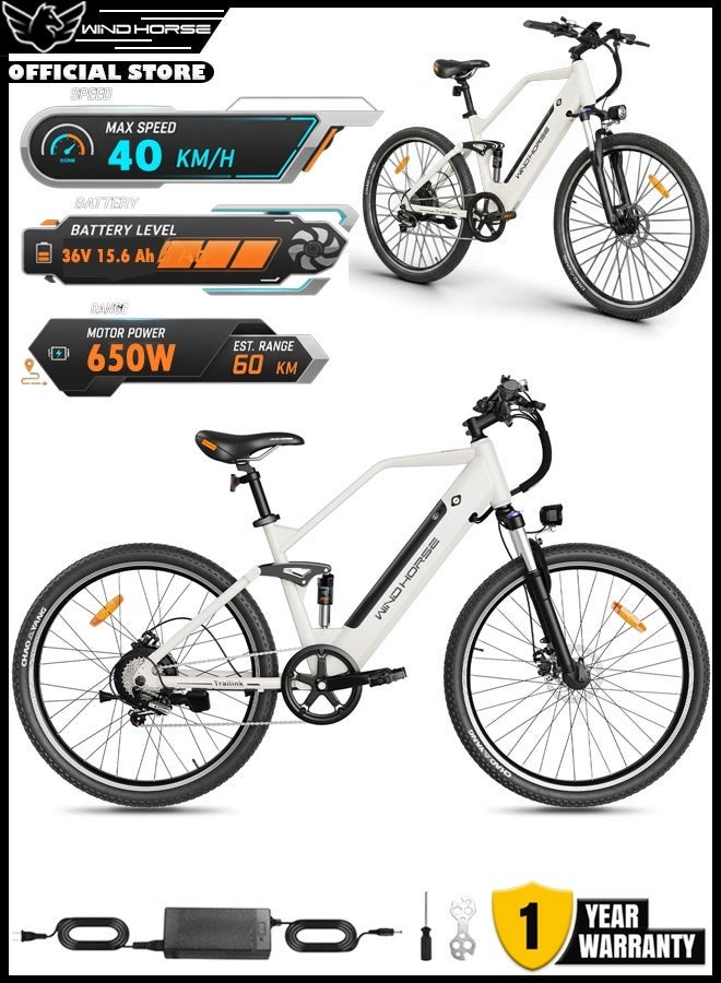 Electric Bike 650W Motor, 36V 15.6Ah Removable Battery, 40KM/H Top Speed, 60-80KM Range, 27.5 Inches Tires, Shimano 7-Speed E-Bike with LCD Display, Carbon Alloy Frame