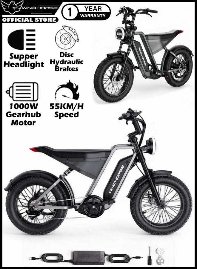 High Speed Electric Mountain Bike with 1000W Motor, 48V 18Ah Battery, 85km Range, 20 Inche Fat Tires, Dual Disk Brakes, Shimano 7 Speed, Front and Rear Suspension, Off Road E-Bike with Digital Display