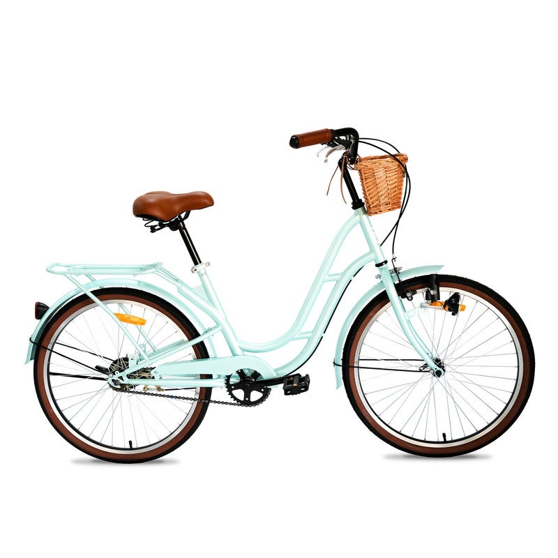 Florida Vintage 26-Inch City Bike For Women & Girls | 26 Inch Wheel Sizes | Simple Single-Speed Drivetrain | Durable Steel Step-Through Frame with Front Wicker Basket | Rear Carrier & Dynamo Headlight - Mint Green