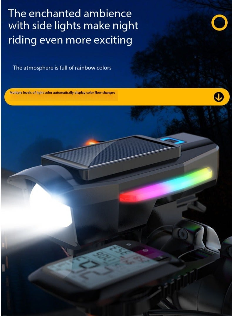 Bicycle lamp - Lighting front light for bicycle. Solar charging. Horn bell. Strong light flashlight. Mountain bike night riding accessories.