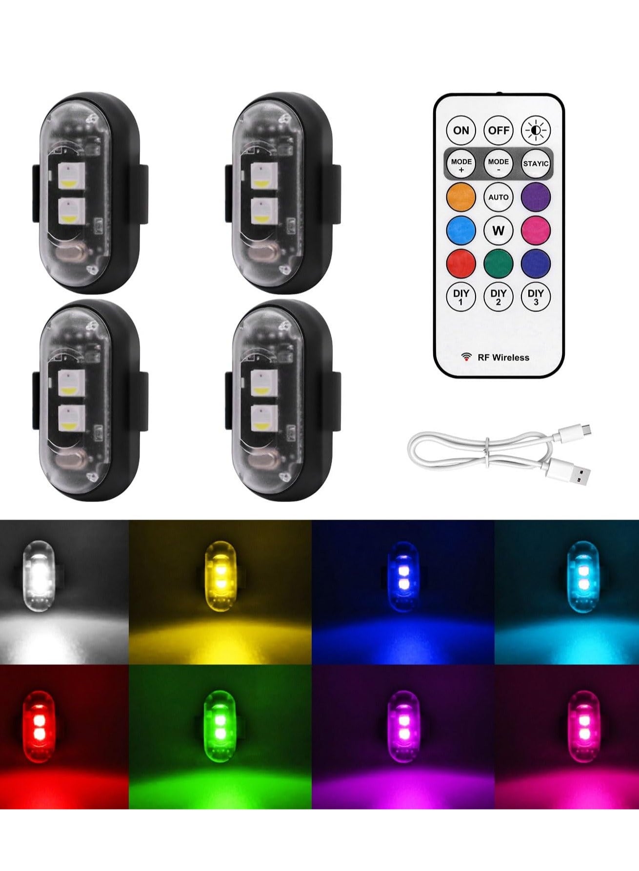4PCS Wireless LED Strobe Lights with Remote Control, 8 Colors USB Charing Waterproof Anti-Collision Led Emergency Warning Lights for Car Motorcycle Drone Aircraft Bike