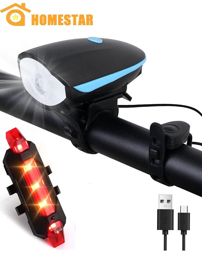 Bike Light Set, USB Rechargeable Bycicle LED Accessories, Night Cycling Headlight and Tail Rear Reflectors for Mountain Bike, 3 Lighting Modes, Easy to Install