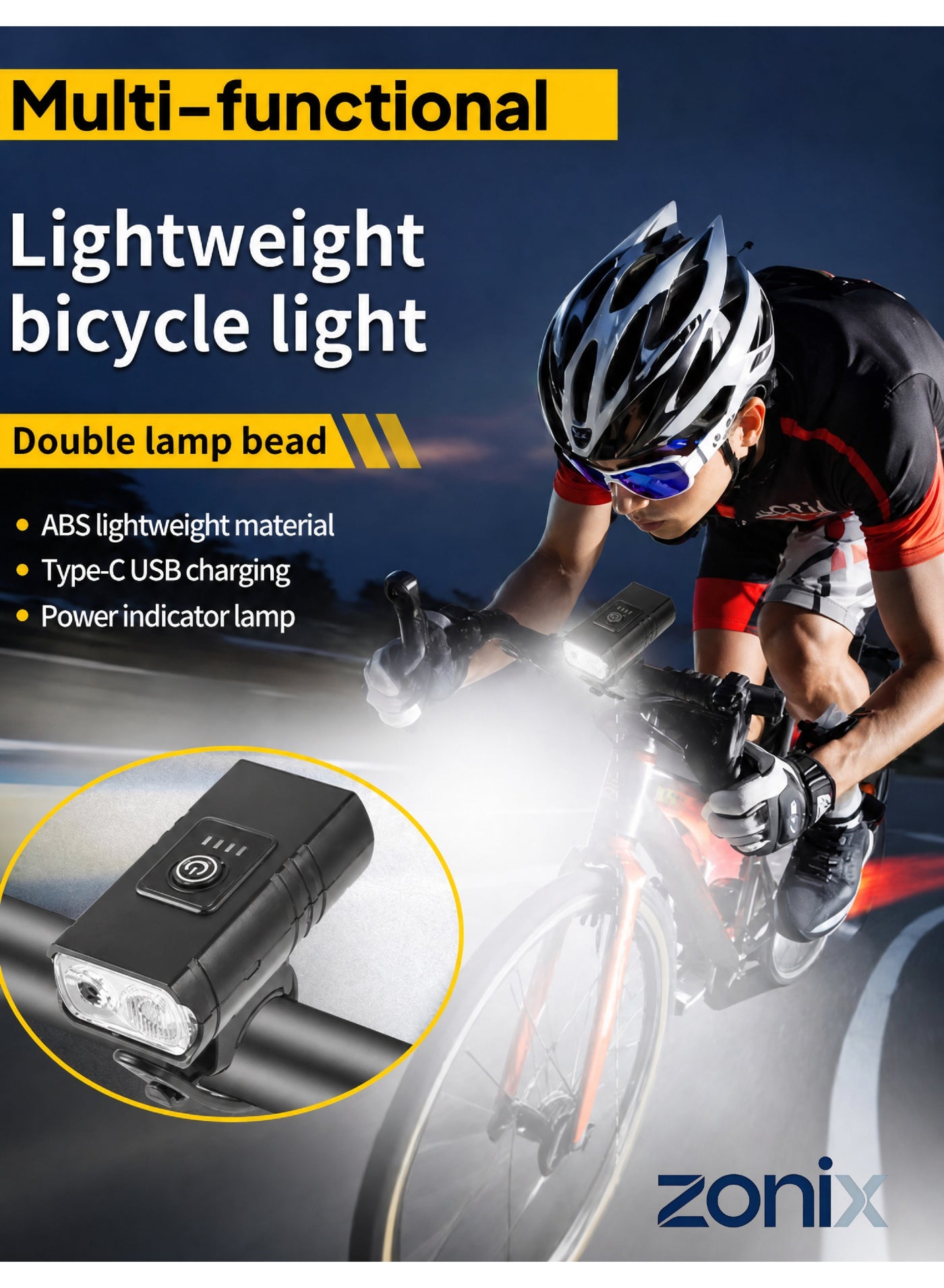 مصباح الدراجة - 6 أوضاع XPE LED مزدوج (مصباح كاشف + كشف) ، شحن سريع من النوع C ، مقاوم للماء IPX4 ، خفيف للغاية 58 جرام ، حامل ركوب الدراجات بدون أدوات ومصباح يدوي لركوب الدراجات والمشي لمسافات طويلة والتخييم وحالات الطوارئ