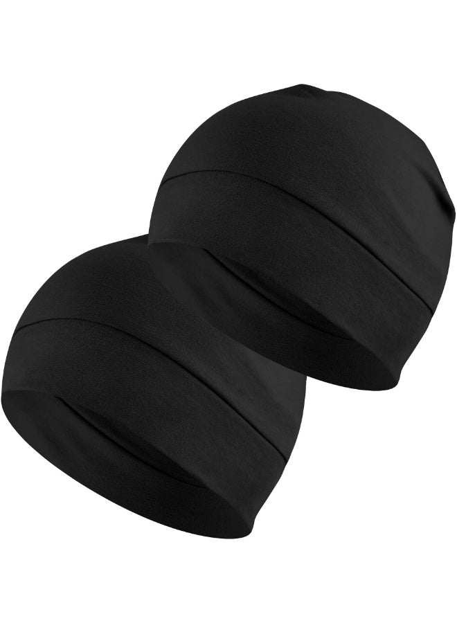 2-Pack Cotton Skull Caps for Men Women, Lightweight Beanie Sleep Hats Breathable, Sweat-absorbent Cycling And Running Caps And Chemo Hair Loss (Black *2)