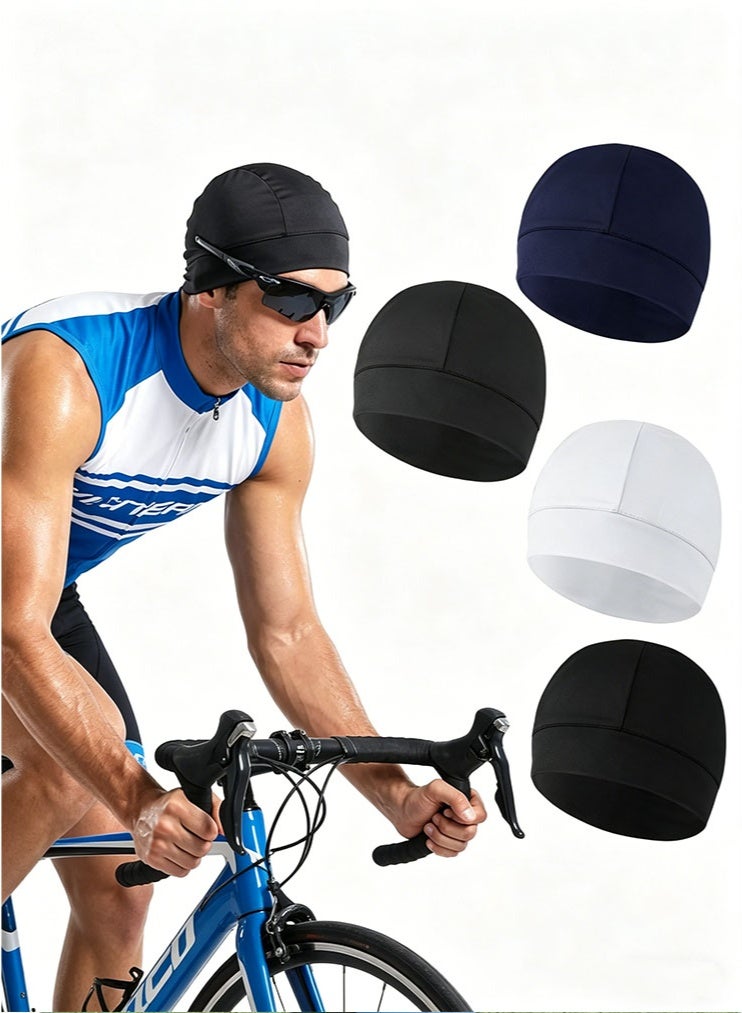 4Pcs Men Cooling Skull Caps, Helmet Liner Cycling Caps, Cycling Running Sweat Wicking Beanie for Men and Women, Multicolor Cooling Sweat Hat (Black, White, Gray, Navy Blue)