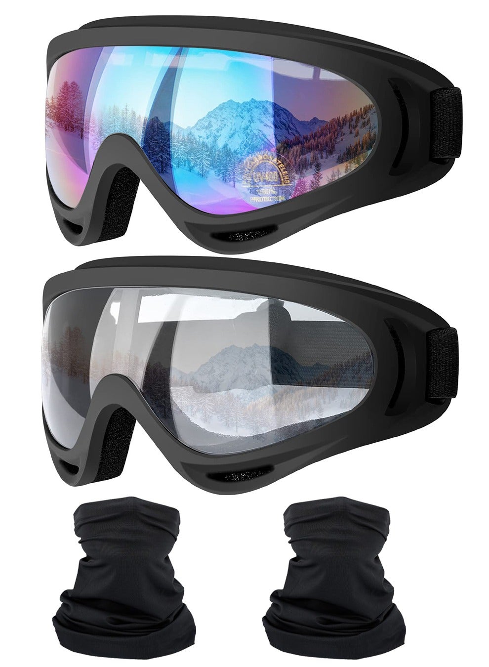Motorcycle Goggles,2 Pack Dirt Bike ATV Motocross Riding Hiking Protective with 2 Pack Neck Breathable Bandana Mask