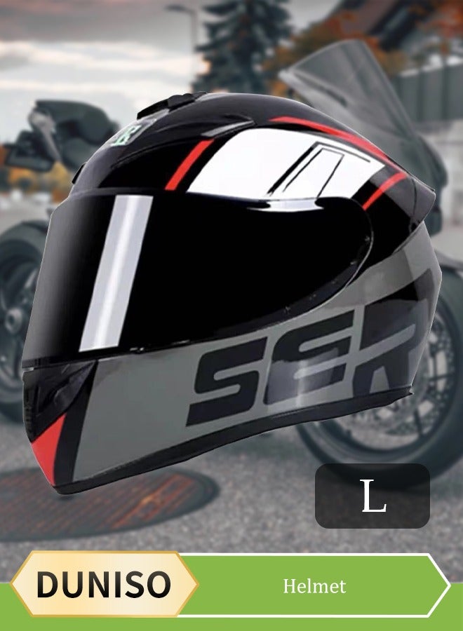 Full face motorcycle helmet, lightweight crash resistant motorcycle helmet, all season cool racing helmet，with black lenses, breathable lining, suitable for both men and women (L)