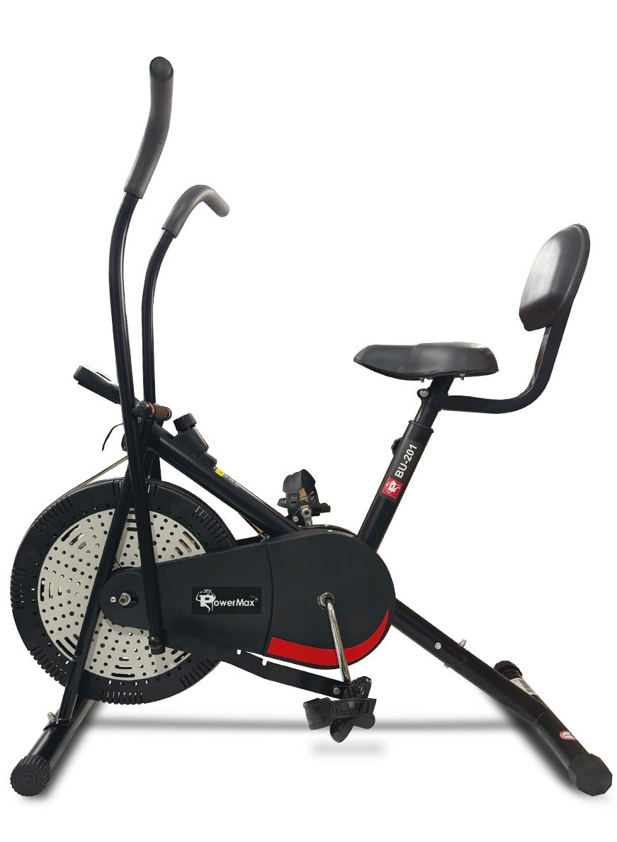 PowerMax Fitness BU-201 Dual Action Air Bike Exercise Cycle for Home-Gym Workout With Adjustable Cushioned Seat | Non-Slip Pedals |Moving Handles Gym Bike for Max user 120kg, Belt Drive